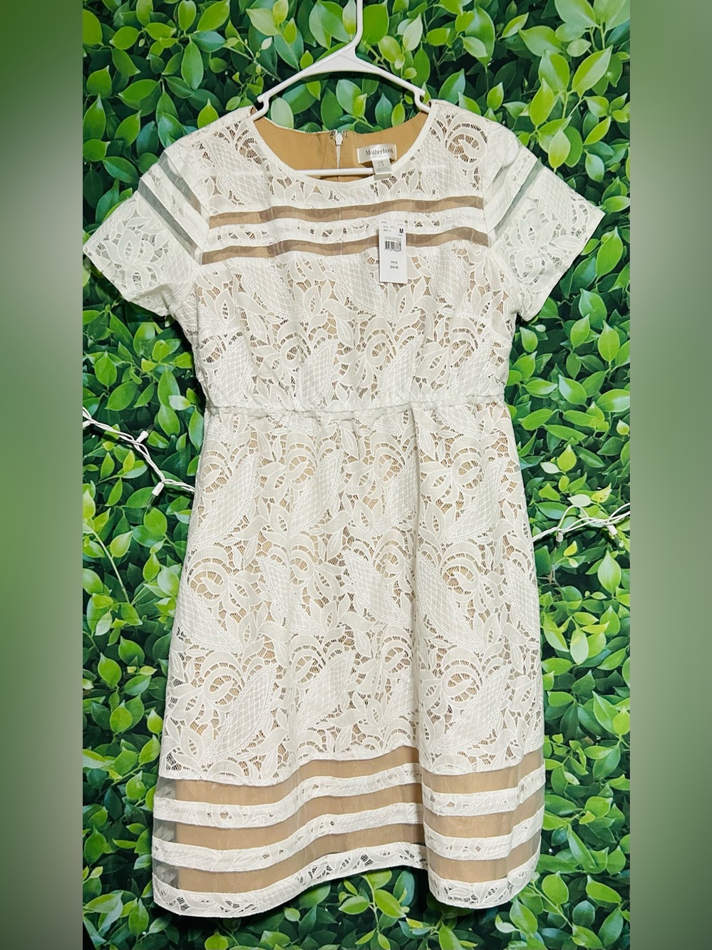 NWT Motherhood Maternity White Lace Dress with Tan Accents M
